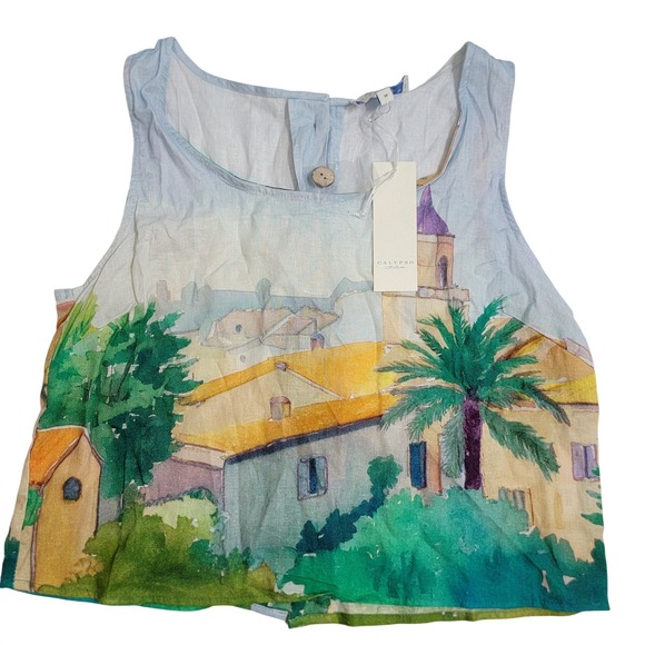 Calypso St. Barth Tops - Calypso St. Barth Linen Blend Watercolor Scenic Village Crop Tank Top Med NEW